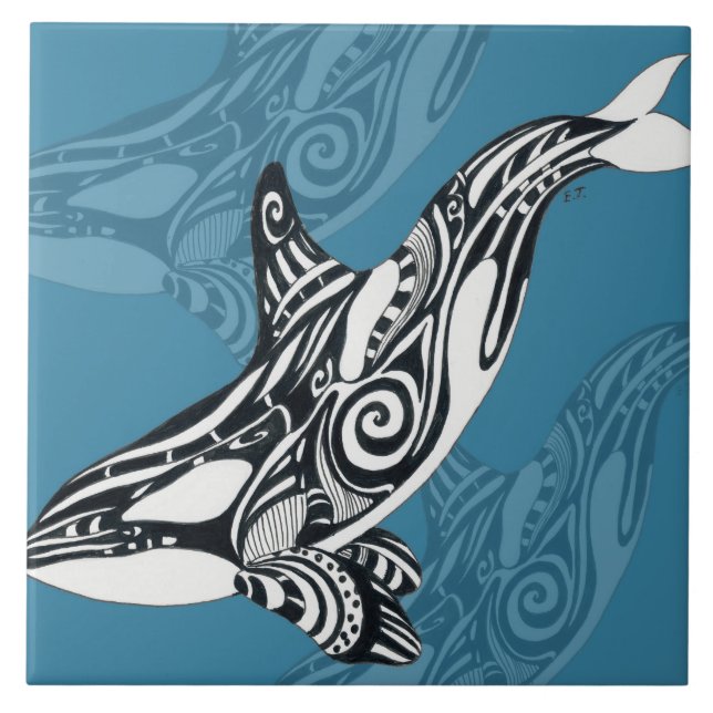Orca Killer Whale Tlingit Indigo Blue ink Tile (Front)