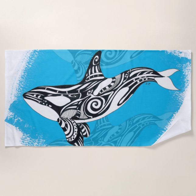 Orca Killer Whale Tribal Tattoo Spirit Blue Beach Towel (Front)