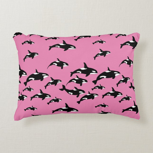 Orca Killer Whales on Girly Pink Marine Wildlife Decorative Cushion (Front)