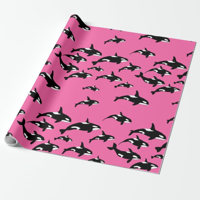 Orca Killer Whales Swimming Pattern on Pink Wrapping Paper (Unrolled)