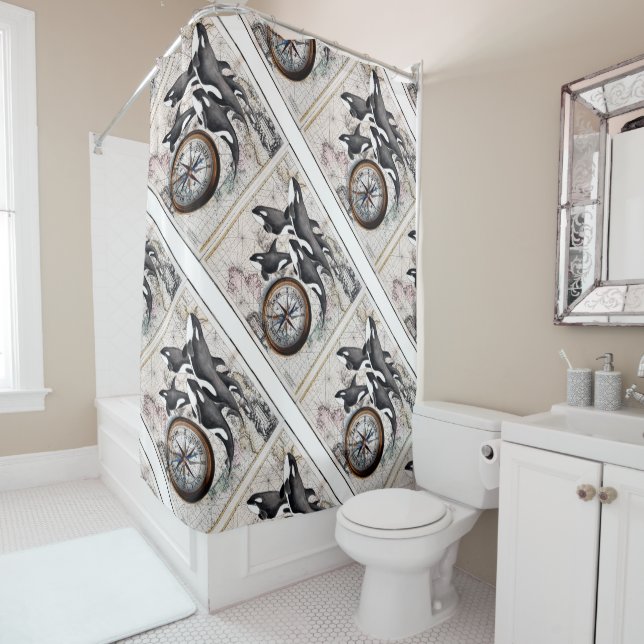 Orca Nautical Compass Shower Curtain (In Situ)