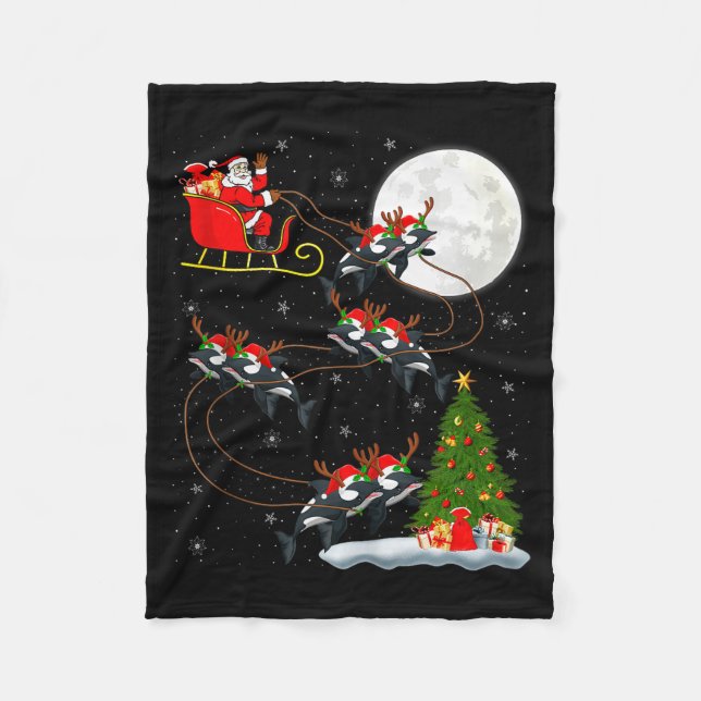 Orca Santa Sleigh Flying Funny Magical Christmas T Fleece Blanket (Front)