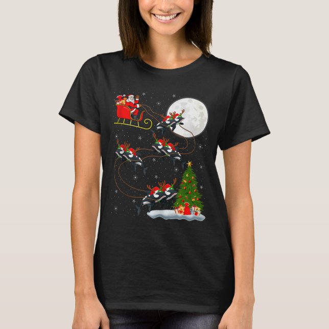 Orca Santa Sleigh Flying Funny Magical Christmas T T-Shirt (Front)