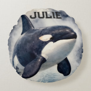 Orca Stormy waves, Personalized Round Cushion