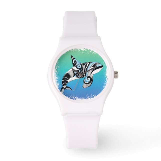 Orca Tribal Doodle Ink Blue Watch (Front)