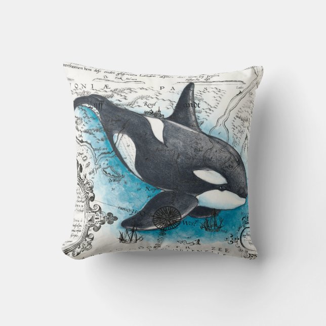 Orca Whale Blue Watercolor Nautical Map Cushion (Front)