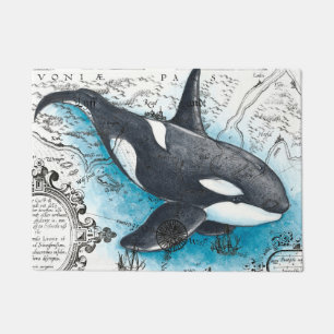 Orca Whale Blue Watercolor Nautical Map Doormat
