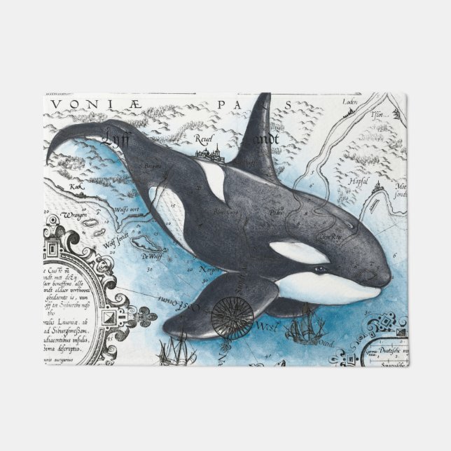 Orca Whale Blue Watercolor Nautical Map Doormat (Front)