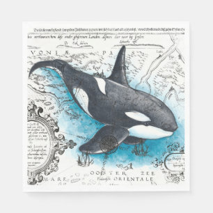 Orca Whale Blue Watercolor Nautical Map Napkin