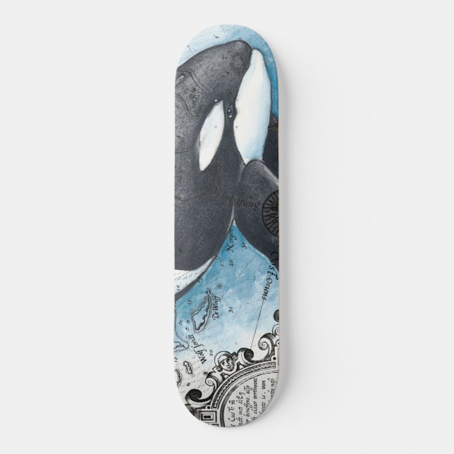 Orca Whale Blue Watercolor Nautical Map Skateboard (Front)