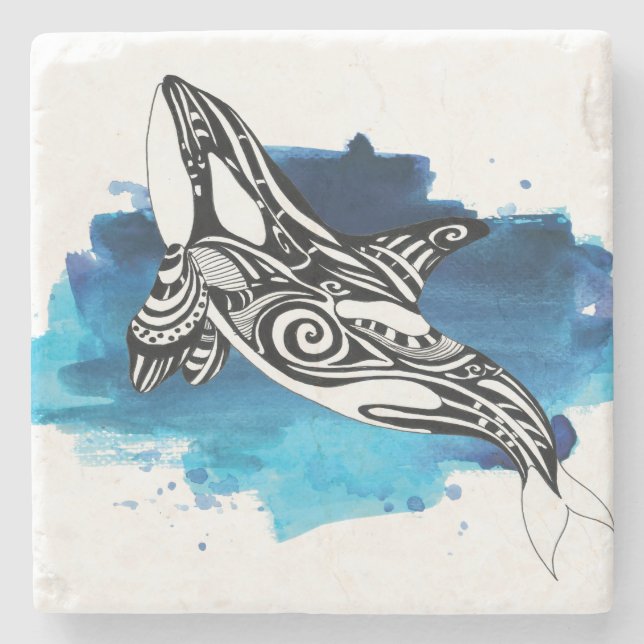 Orca Whale Blue Watercolor Stone Coaster (Front)