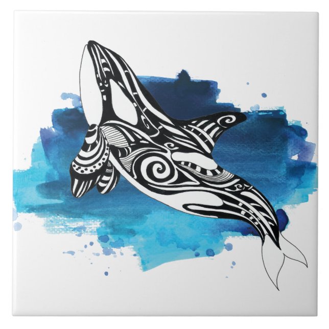 Orca Whale Blue Watercolor Tile (Front)