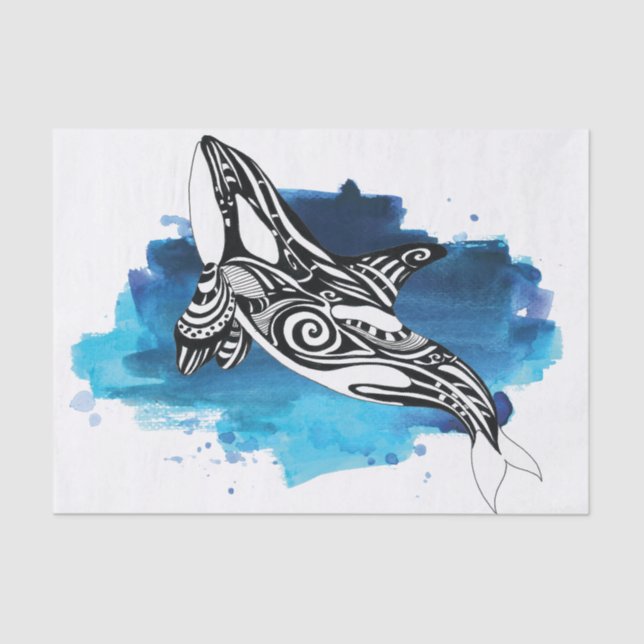 Orca Whale Blue Watercolor Tissue Paper (Front)