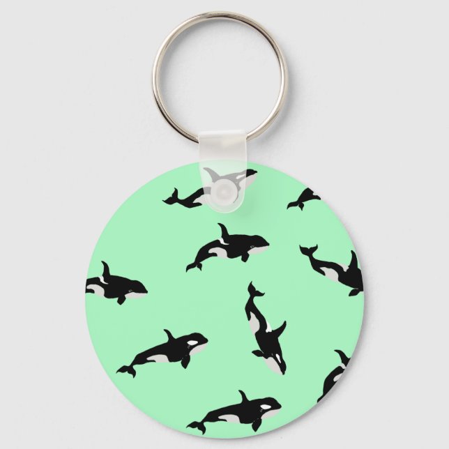 Orca Whale Illustration Pod Pattern Ocean Mint  Key Ring (Front)