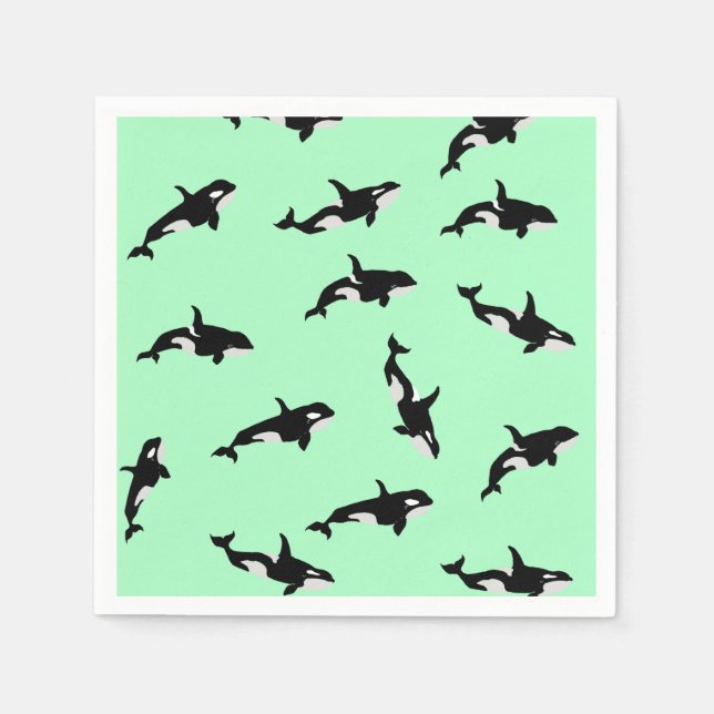Orca Whale Illustration Pod Pattern Ocean Mint  Napkin (Front)
