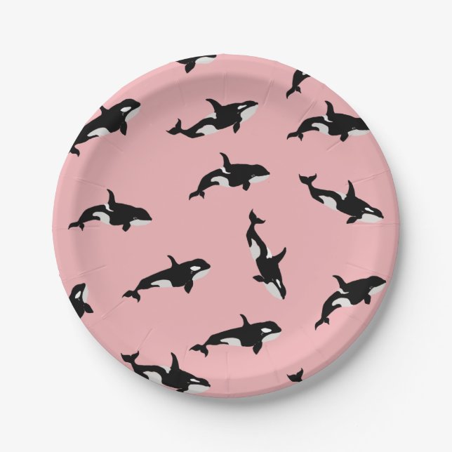 Orca Whale Illustration Pod Pattern Ocean Pink Paper Plate (Front)