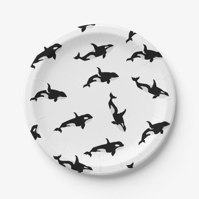 Orca Whale Illustration Pod Pattern Ocean White   Paper Plate (Front)