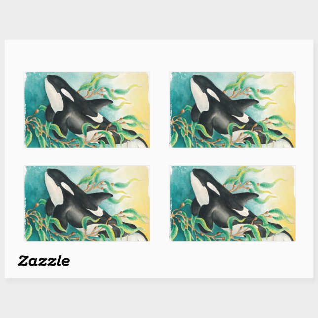 Orca Whale in Kelp Watercolor Art Rectangular Sticker (Sheet)