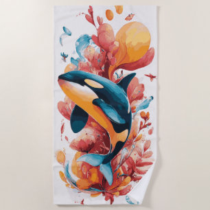 Orca Whale Ocean Art Illustration Beach Towel