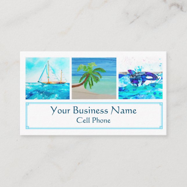 Orca Whale Sailboat Palm Tree Ocean Beach Tropical Business Card (Front)