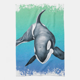 Orca Whale Teal crystal Tea Towel