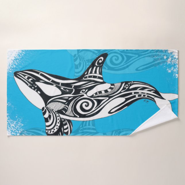 Orca Whale Tribal Art Blue Bath Towel Set (Bath Towel)