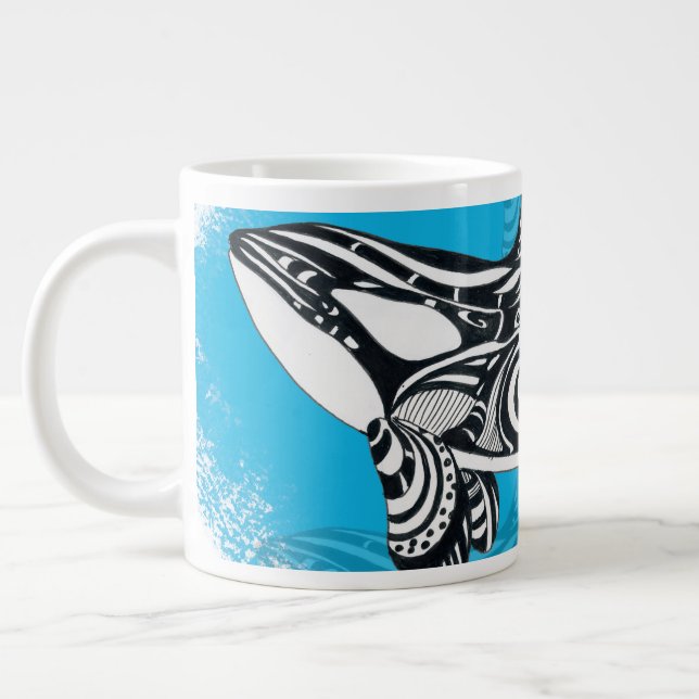 Orca Whale Tribal Art Blue Large Coffee Mug (Left)