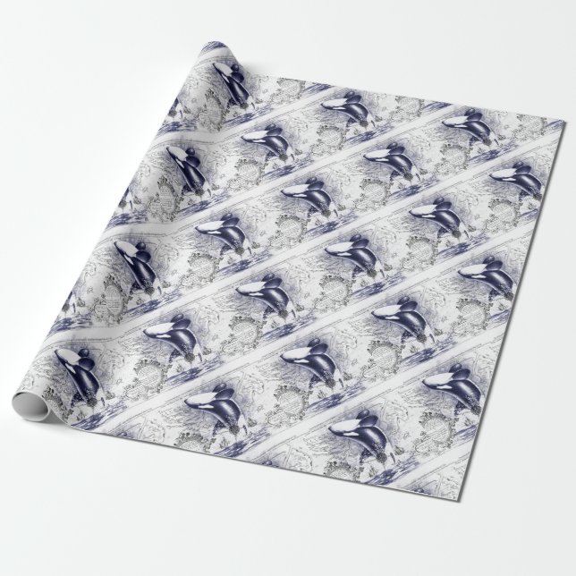 Orca Whale Vintage Map Blue Wrapping Paper (Unrolled)