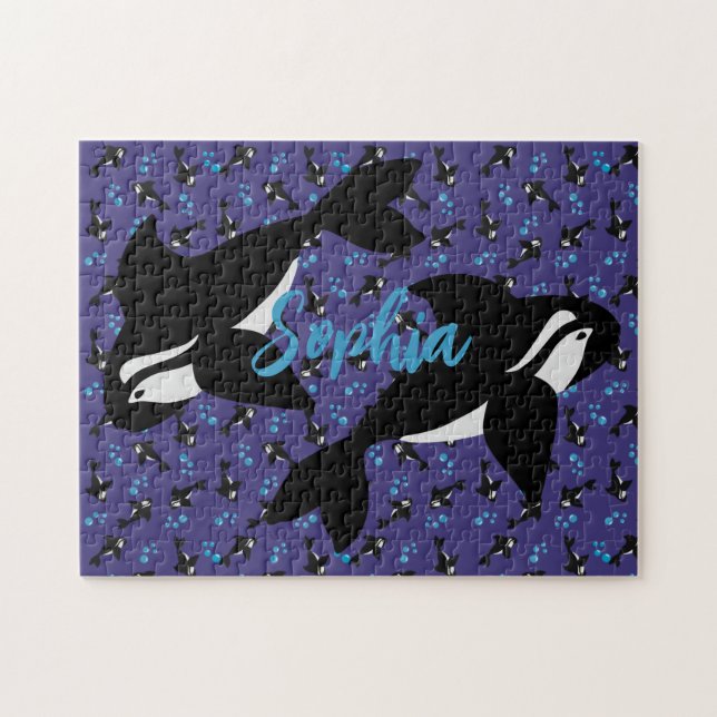Orca Whale with Bubbles Purple Blue Background  Jigsaw Puzzle (Horizontal)