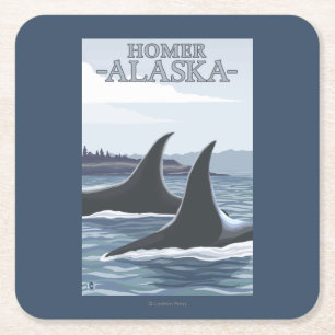 Orca Whales #1 - Homer, Alaska Square Paper Coaster
