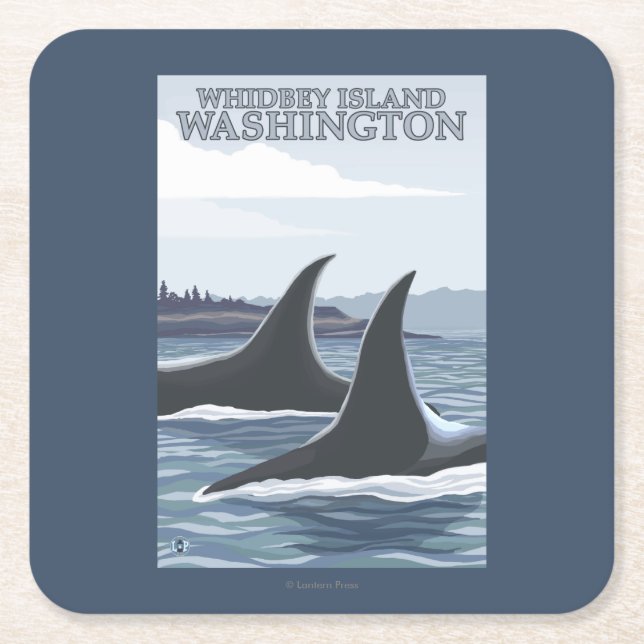 Orca Whales #1 - Whidbey, Washington Square Paper Coaster (Front)