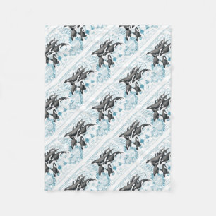 Orca  whales ancient blue fleece blanket