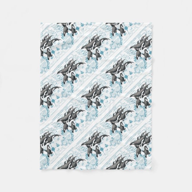 Orca  whales ancient blue fleece blanket (Front)