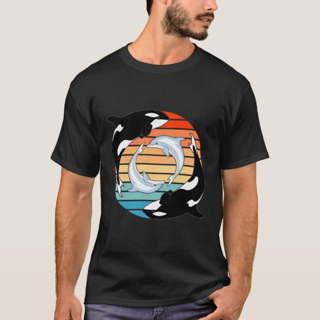 Orca Whales And Dolphins Retro Sunset T-Shirt (Front)