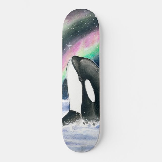 Orca Whales Galaxy Northern Lights Watercolor Skateboard (Front)