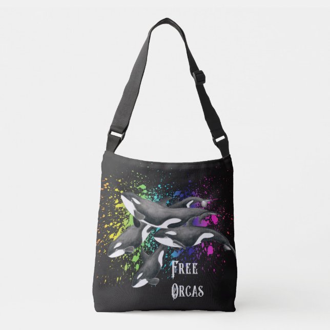 Orca Whales Watercolor Splash Black Crossbody Bag (Front)