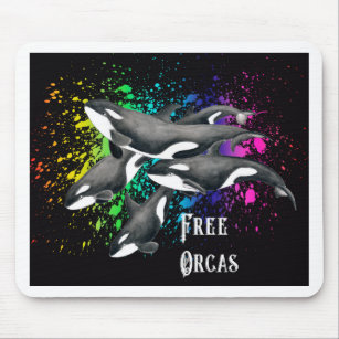 Orca Whales Watercolor Splash Black Mouse Mat