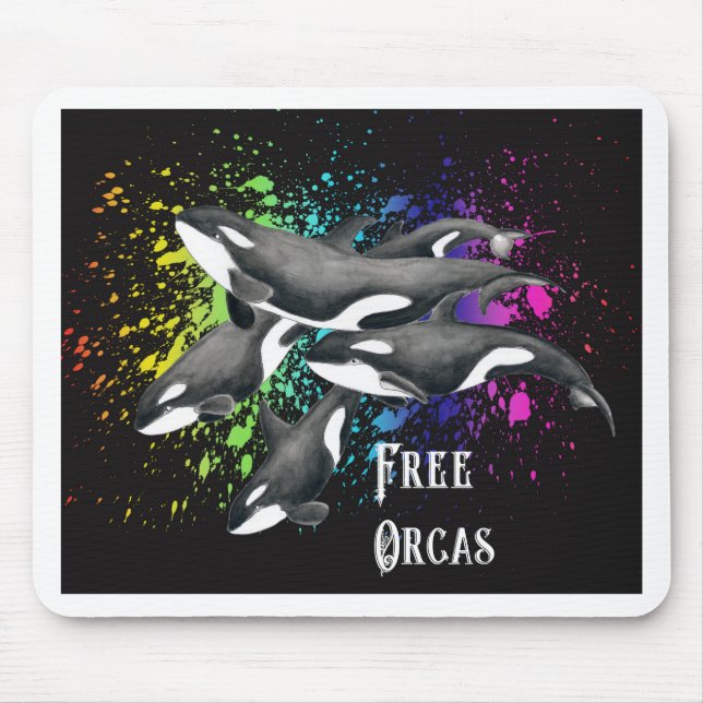 Orca Whales Watercolor Splash Black Mouse Mat (Front)