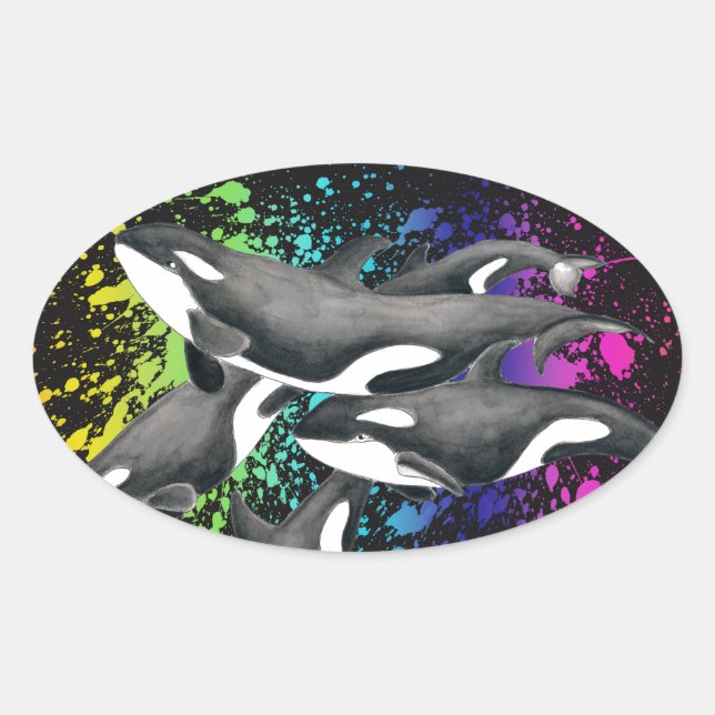 Orca Whales Watercolor Splash Black Oval Sticker (Front)