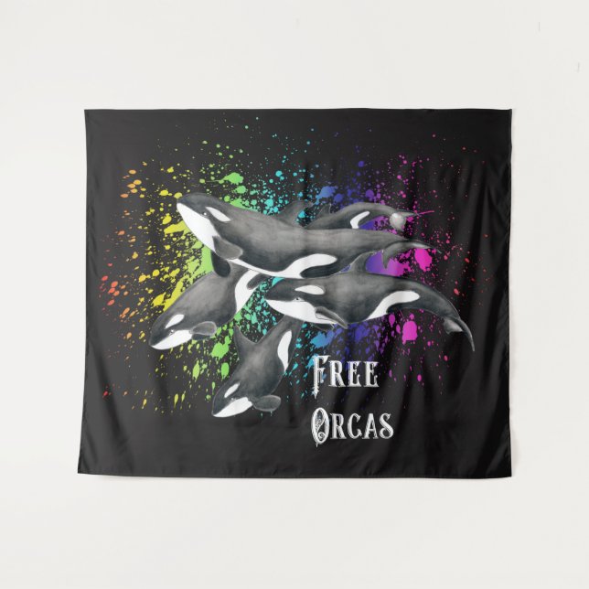 Orca Whales Watercolor Splash Black Tapestry (Front (Horizontal))
