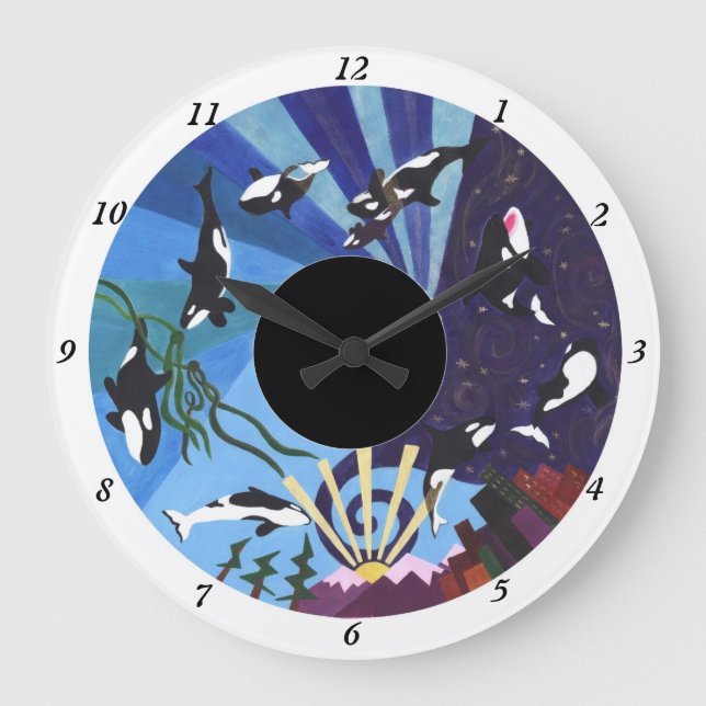 Orcas Ascending - with numbers Large Clock (Front)