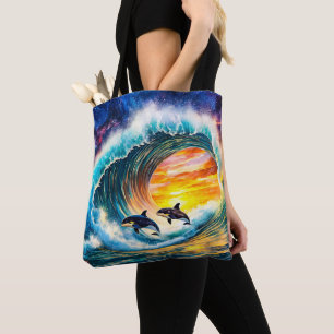 Orcas In A Wave Barrel Design By Rich AMeN Gill Tote Bag