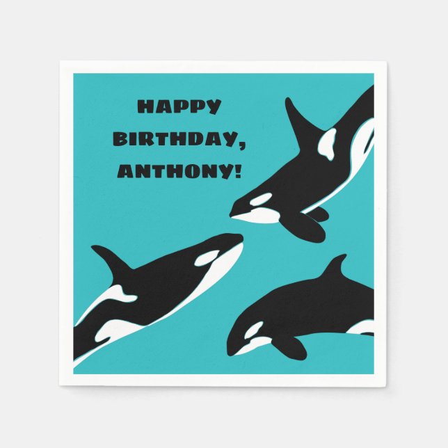 Orcas Killer Whales Teal Blue Birthday Party Napkin (Front)