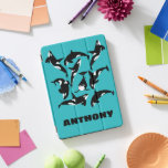 Orcas Killer Whales Teal Blue Personalised iPad Pro Cover<br><div class="desc">Create a personalised cover for your iPad. This cover features illustrations of orcas or killer whales in black and white against a bright turquoise or teal blue background with your name below in bold black lettering.</div>