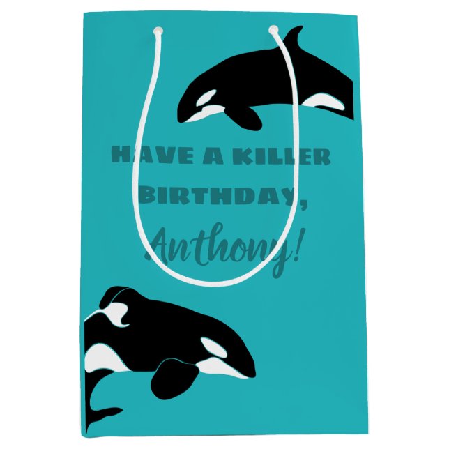 Orcas Killer Whales Teal Blue Personalised Medium Gift Bag (Front)