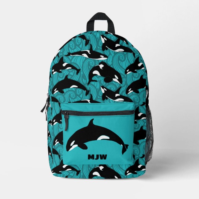 Orcas Killer Whales Teal Blue Personalised Printed Backpack (Front)
