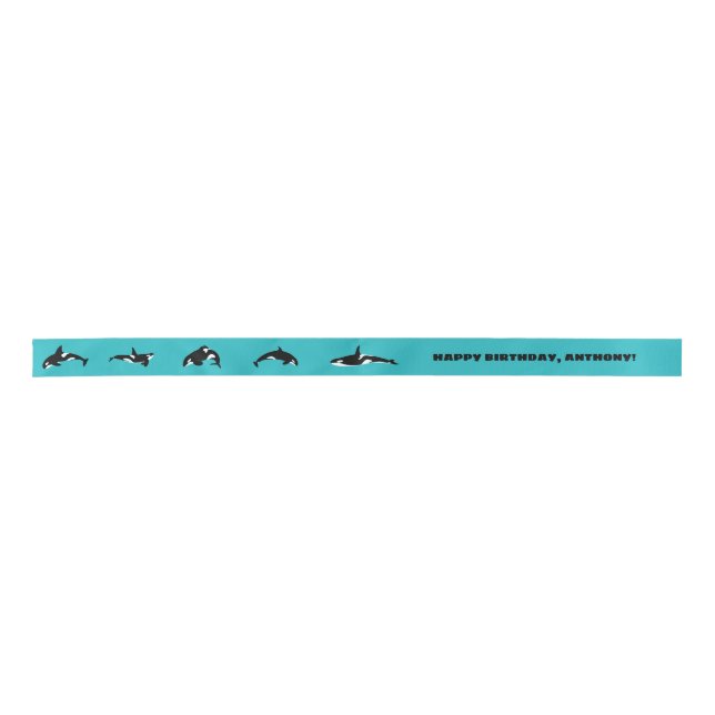 Orcas Killer Whales Teal Blue Personalised Satin Ribbon (Front)