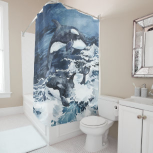 Orcas playing in the waves shower curtain