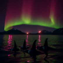 Orcas Swim In Purple Aurora - Killer Whale