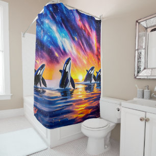 Orcas Under Galaxy Sky 02 Design by Rich AMeN Shower Curtain